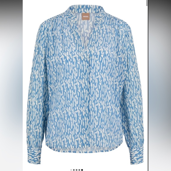 NWT!! HUGO BOSS Regular-Fit Blue + Cream Print Silk Crepe du Chine: SZ 14 - $348 - Picture 2 of 16